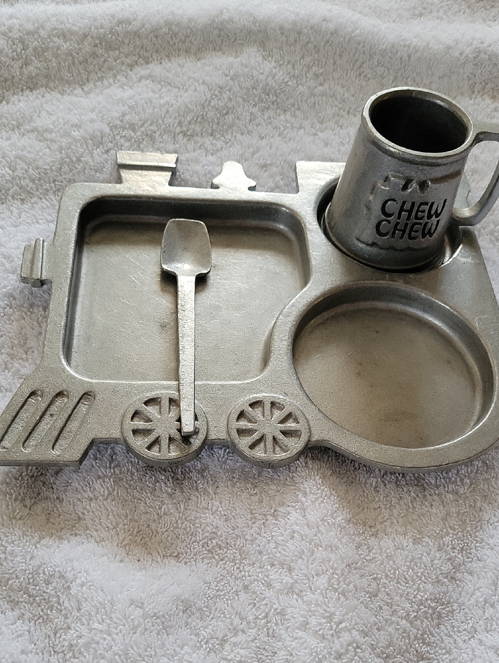 Vintage Pewter Train-Shaped Snack Tray with Cup and Spoon - Silver